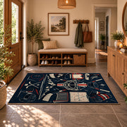 Hockey Equipment Lineup Rug displayed in a welcoming entryway