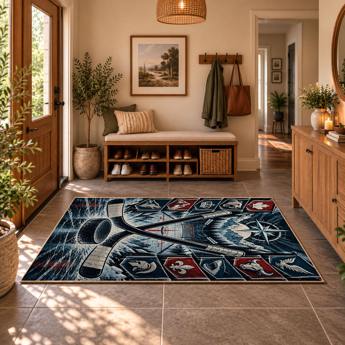 Crossed Hockey Sticks Frozen Rink Rug displayed in a welcoming entryway