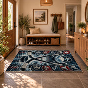Crossed Hockey Sticks Frozen Rink Rug displayed in a welcoming entryway