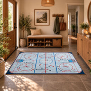 Bright Classic Hockey Rink Rug displayed in a welcoming entryway