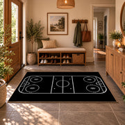 Minimal Black Hockey Rink Rug displayed in a welcoming entryway