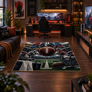 gridiron tunnel football design area rug displayed in a gaming room