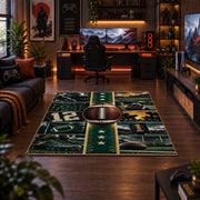 green gridiron jersey design area rug displayed in a gaming room