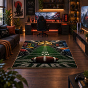 football field goal line scene area rug displayed in a gaming room