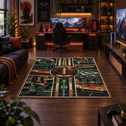 vintage football grid collage area rug displayed in a gaming room