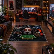 football equipment playbook collage area rug displayed in a gaming room