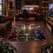 football rivalry helmet lineup area rug displayed in a gaming room