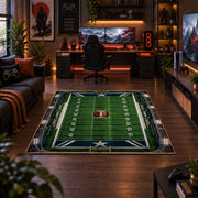 classic football field design area rug displayed in a gaming room