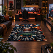 football helmet action collage area rug displayed in a gaming room