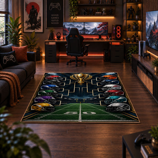 football playoff bracket design area rug displayed in a gaming room