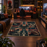 vintage football field collage area rug displayed in a gaming room