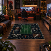 football playbook chalkboard design area rug displayed in a gaming room