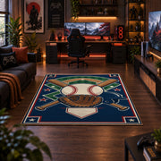 patriotic baseball gear area rug displayed in a gaming room