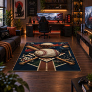 crossed baseball bats and diamond field area rug displayed in a gaming room