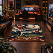 geometric baseball strike design area rug displayed in a gaming room