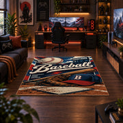 classic baseball typography collage area rug displayed in a gaming room