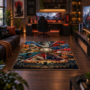 baseball action collage area rug displayed in a gaming room
