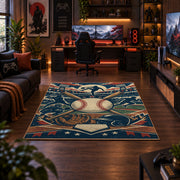 baseball glove and ball collage area rug displayed in a gaming room