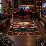 sunset baseball diamond scene area rug displayed in a gaming room