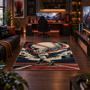 baseball pitcher action design area rug displayed in a gaming room