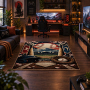 ballpark baseball gear scene area rug displayed in a gaming room