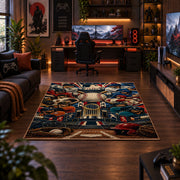 dynamic baseball player collage area rug displayed in a gaming room