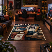 vintage baseball clubhouse collage area rug displayed in a gaming room