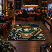 green baseball glove emblem area rug displayed in a gaming room