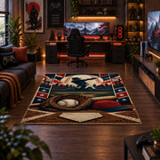 classic baseball home plate design area rug displayed in a gaming room