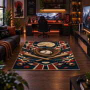 baseball glove crest collage area rug displayed in a gaming room