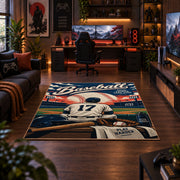 vintage baseball player poster area rug displayed in a gaming room