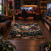 vintage baseball gear collage area rug displayed in a gaming room