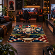 colorful baseball pennant patchwork area rug displayed in a gaming room