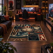 baseball stadium blueprint collage area rug displayed in a gaming room