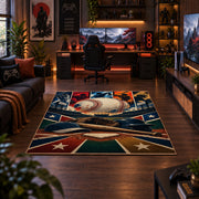 dynamic baseball action collage area rug displayed in a gaming room