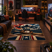 patriotic baseball star emblem area rug displayed in a gaming room