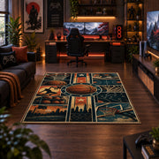 City Skyline Basketball Rug displayed in a gaming room