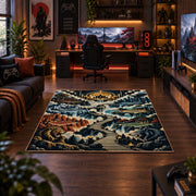 Mountain Basketball Court Rug displayed in a gaming room