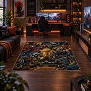 Golden Basketball Trophy Rug displayed in a gaming room