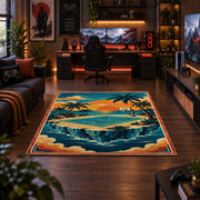 Tropical Island Basketball Court Rug displayed in a gaming room