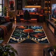 Cosmic Bridge Basketball Rug displayed in a gaming room