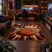 Exploding Basketball Hoop Rug displayed in a gaming room