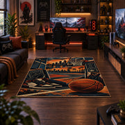 Oversized Basketball City Court Rug displayed in a gaming room