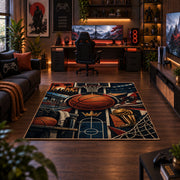 Basketball Hoop Collage Rug displayed in a gaming room