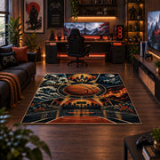 Sunset Skyline Basketball Hoop Rug displayed in a gaming room
