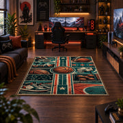 Geometric Basketball Court Collage Rug displayed in a gaming room