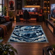 Icy Mountain Basketball Court Rug displayed in a gaming room