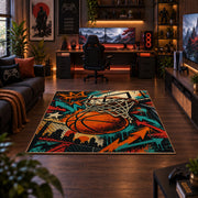 Graffiti Basketball Hoop Rug displayed in a gaming room