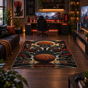 Dark Basketball Equipment Collage Rug displayed in a gaming room