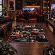 Urban Basketball Hoop Collage Rug displayed in a gaming room